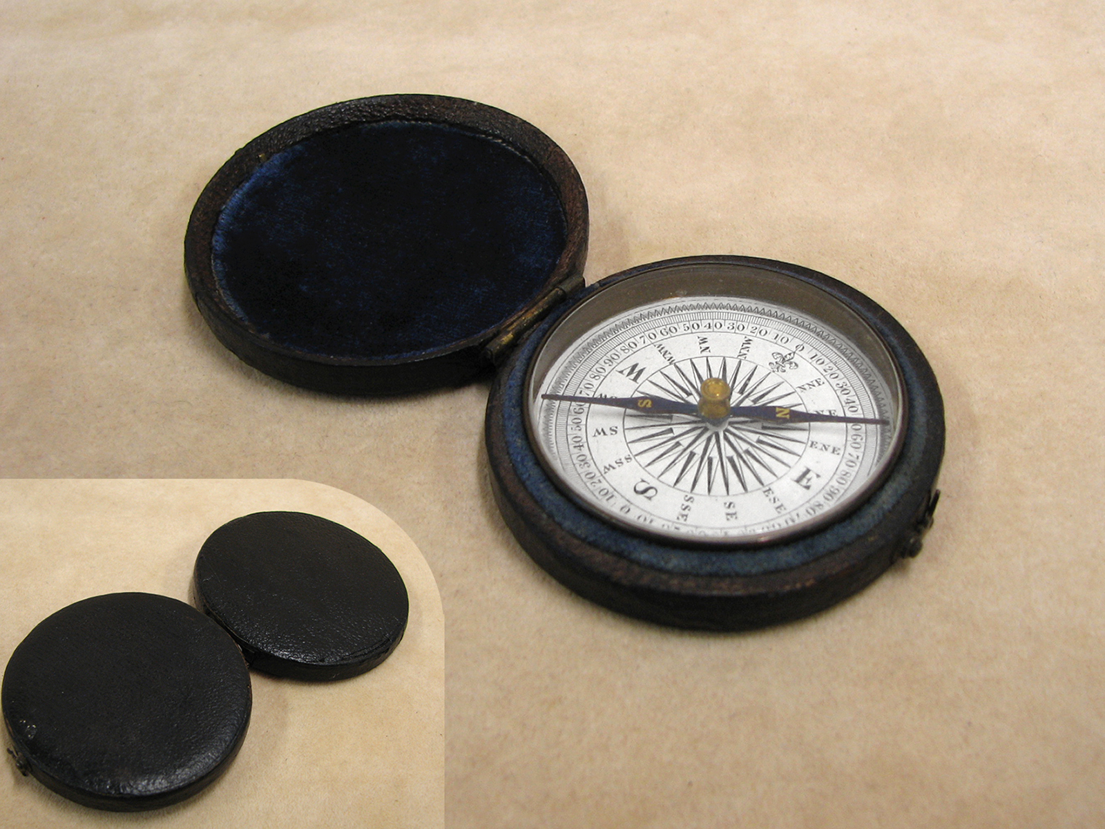 Early Victorian pocket compass in leather covered outer case circa 1860